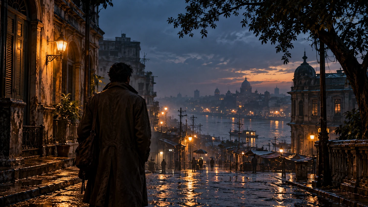 A lone traveler at the edge of a rain-wet street lit by distant amber lamps